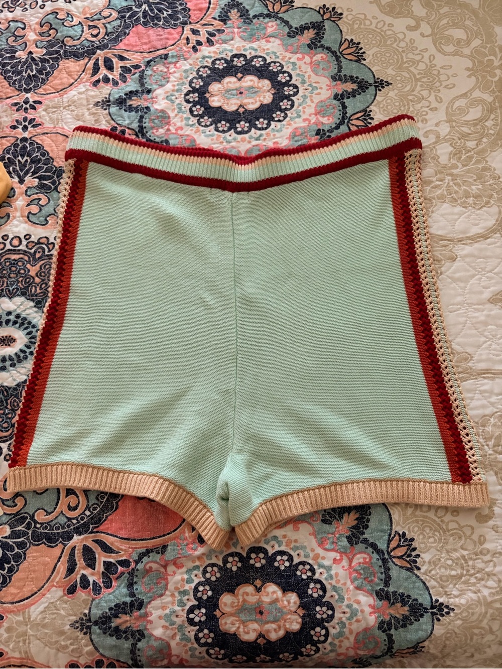 Knit High-Waist Mini Shorts in Mint with Red Trim - Picture 3 of 8